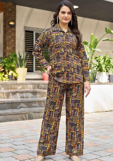 Black Printed Shirt Collar Neck Shirt Ith Trousers Coords