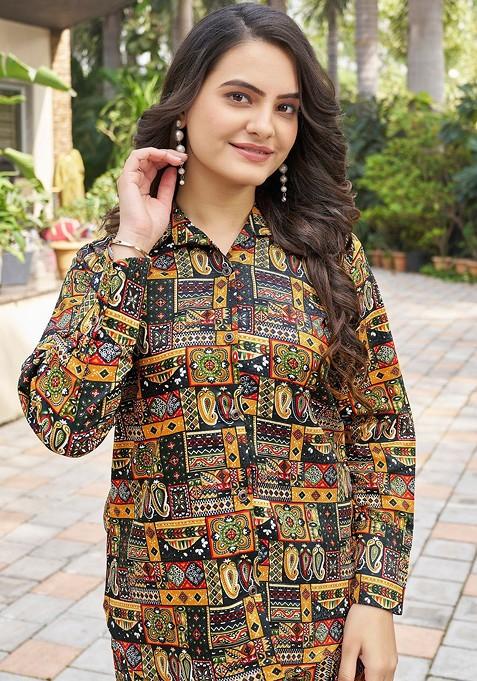 Black Printed Shirt Collar Neck Shirt Ith Trousers Coords