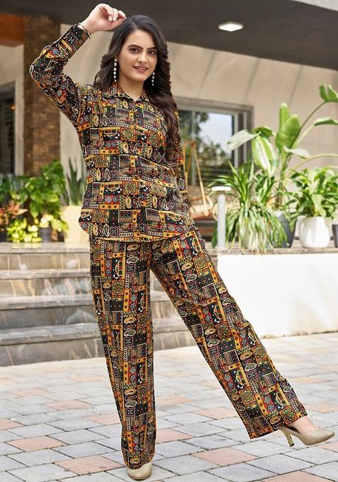 Black Printed Shirt Collar Neck Shirt Ith Trousers Coords