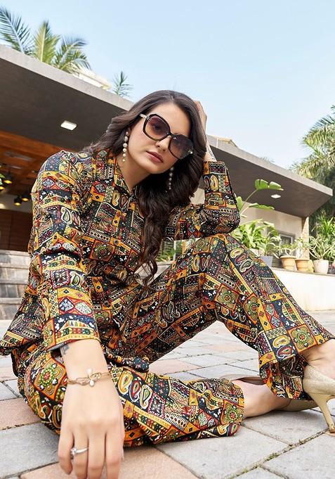 Black Printed Shirt Collar Neck Shirt Ith Trousers Coords