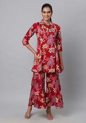 Maroon Floral Printed High Quality Tunic With Palazzos