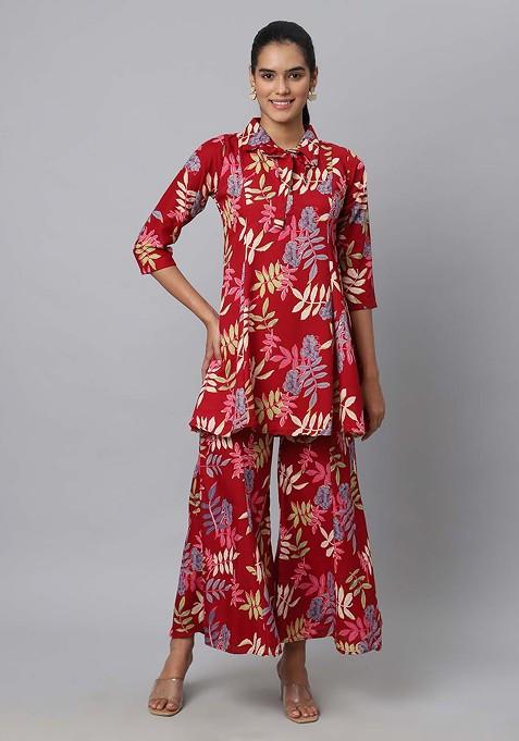 Maroon Floral Printed High Quality Tunic With Palazzos