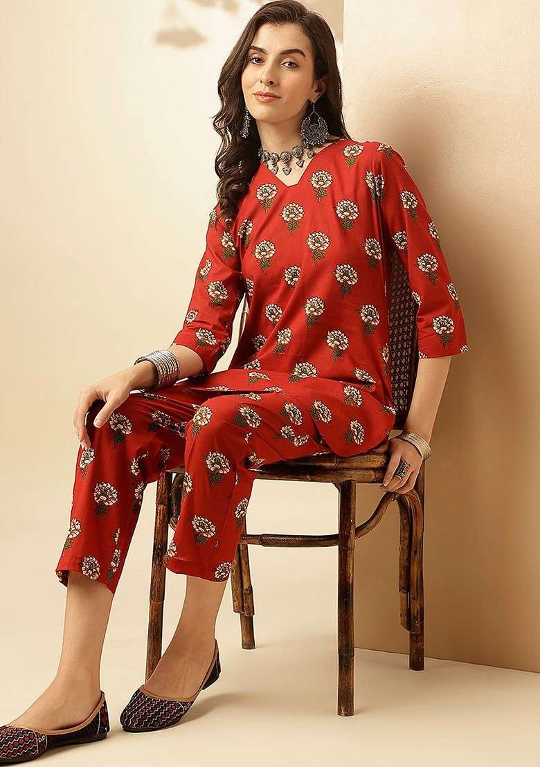 Red Floral Printed Vneck Tunic With Trousers - Indya