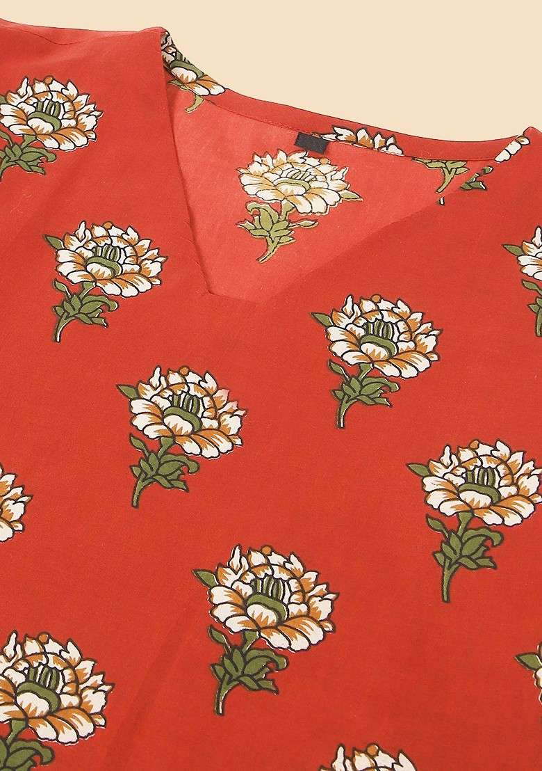 Red Floral Printed Vneck Tunic With Trousers - Indya