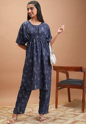 Navy Blue Printed Round Neck Short Sleeves Tunic With Trousers