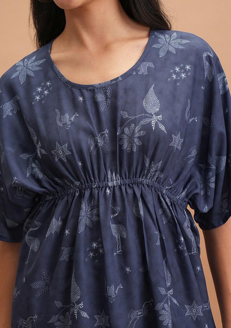 Navy Blue Printed Round Neck Short Sleeves Tunic With Trousers - Indya