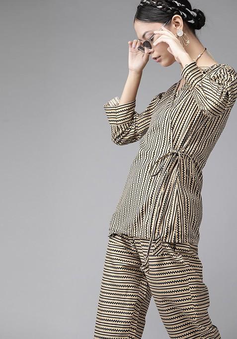 Beige Women Beige And Black Striped Wrap Top With Trousers