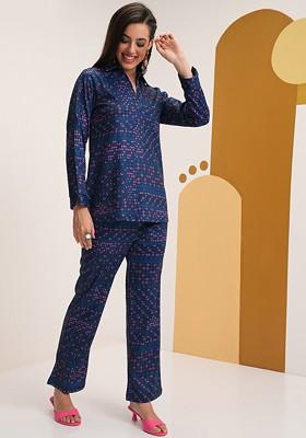 Navy Blue Navy Ethnic Motifs Printed Shirt Collar Shirt With Elasticated Trousers
