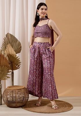 Purple Floral Printed Crop Top With Palazzo Coords