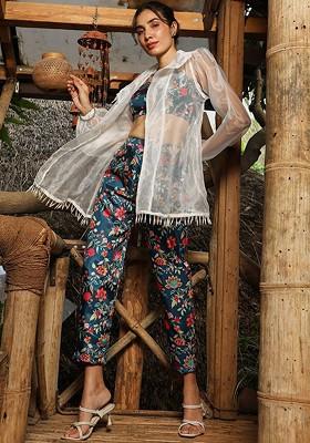 Teal Printed Square Neck Top; Trousers And Shrug Coords