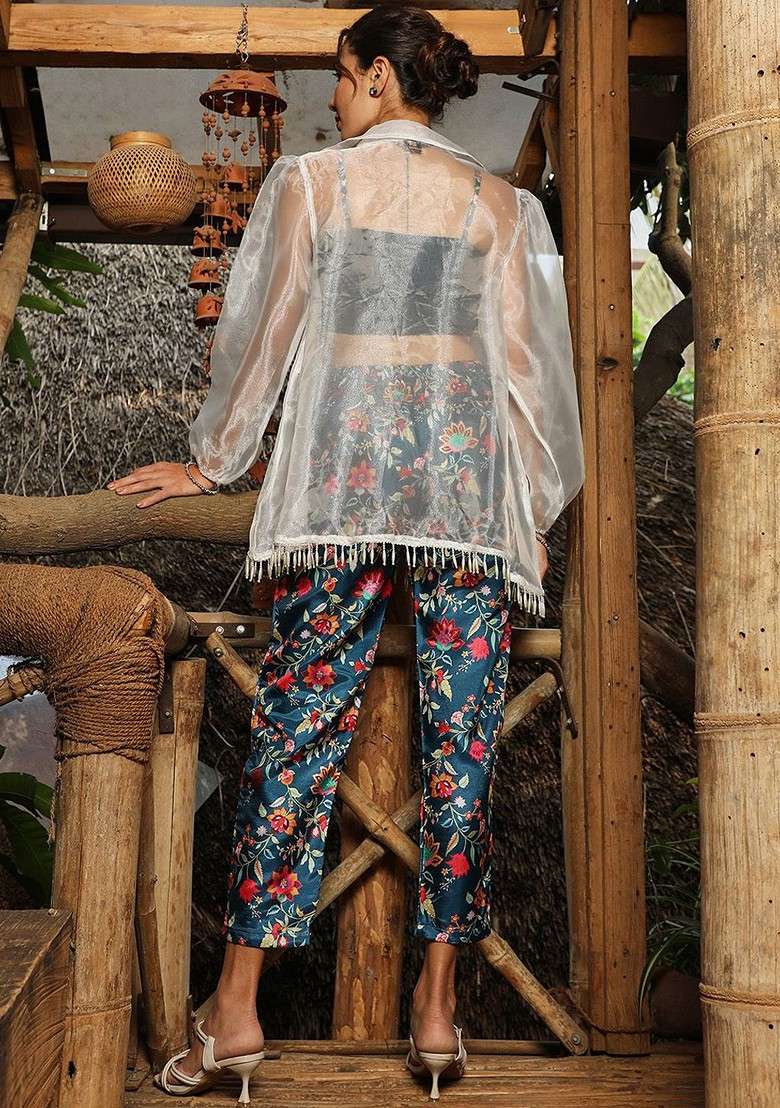 Teal Printed Square Neck Top; Trousers And Shrug Coords - Indya