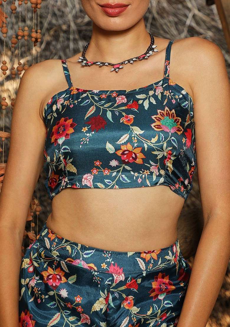 Teal Printed Square Neck Top; Trousers And Shrug Coords - Indya