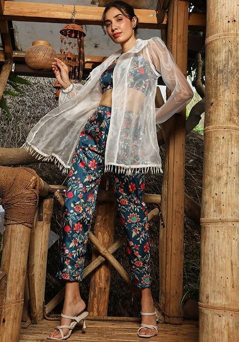 Teal Printed Square Neck Top; Trousers And Shrug Coords