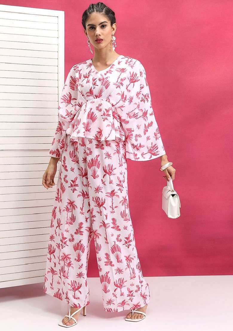 Red Red And White Printed Pure Cotton Top With Trouser - Indya