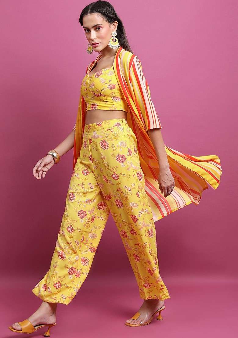 Yellow Yellow Printed Regular Top With Palazzos And Jacket - Indya