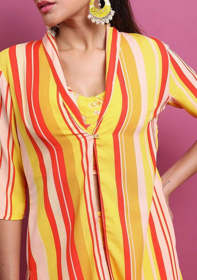 Yellow Yellow Printed Regular Top With Palazzos And Jacket - Indya