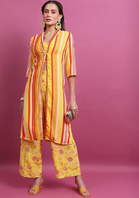 Yellow Yellow Printed Regular Top With Palazzos And Jacket