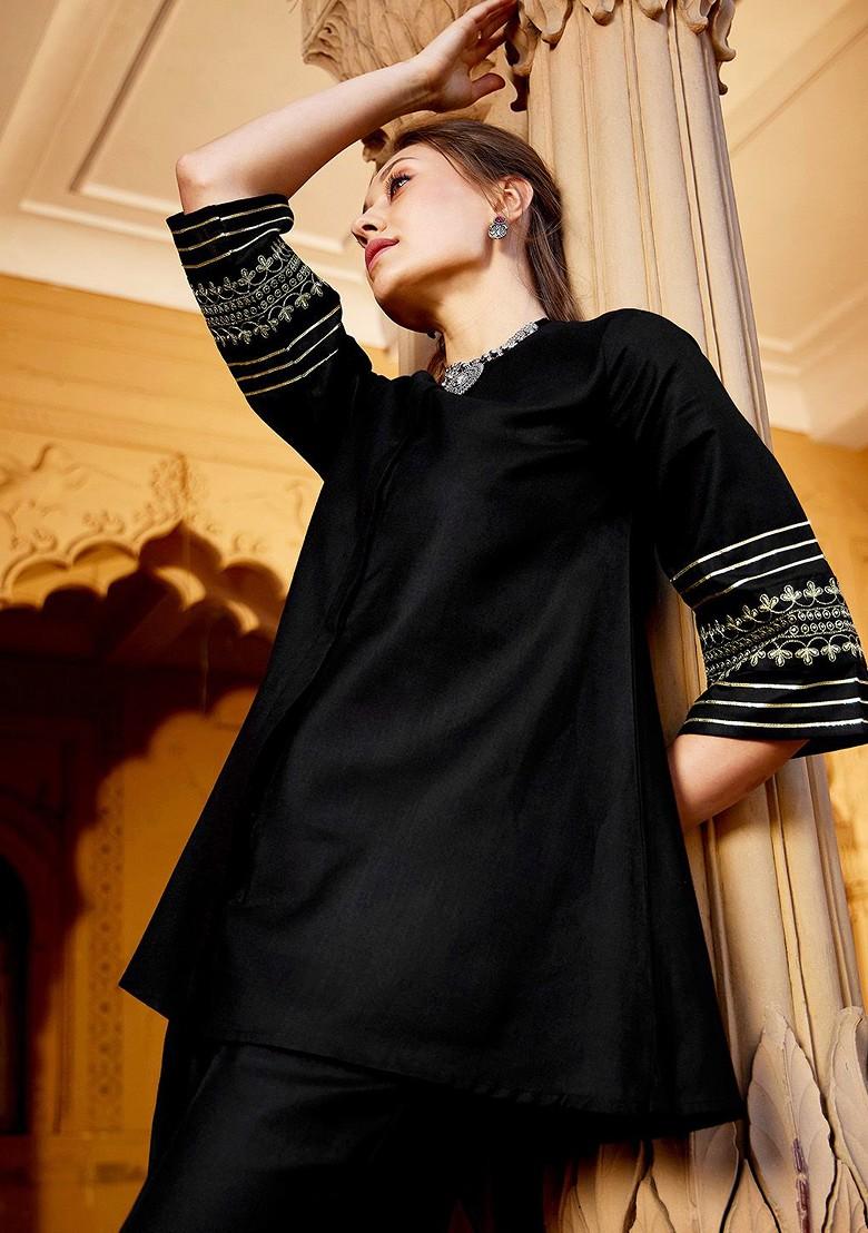 Black Women Shirt With Palazzos Coords Set - Indya