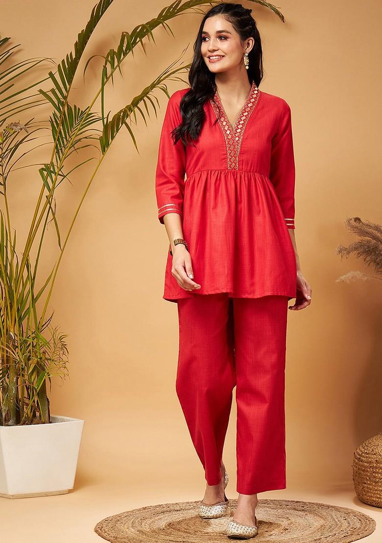 Red Red Embellished Gathered Tunic With Palazzos
