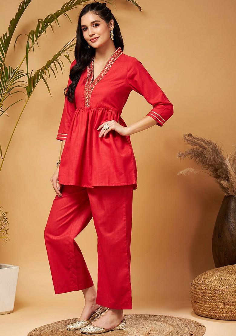 Red Red Embellished Gathered Tunic With Palazzos