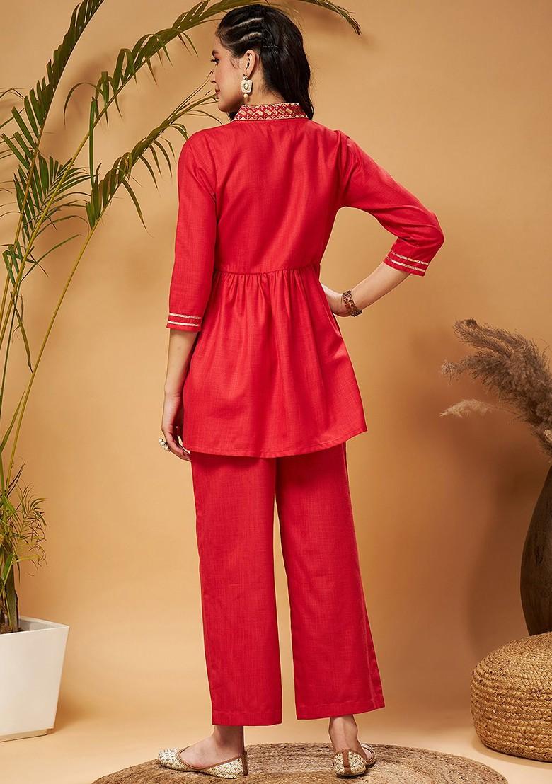 Red Red Embellished Gathered Tunic With Palazzos