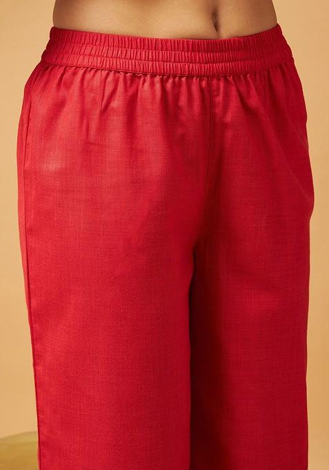 Red Red Embellished Gathered Tunic With Palazzos