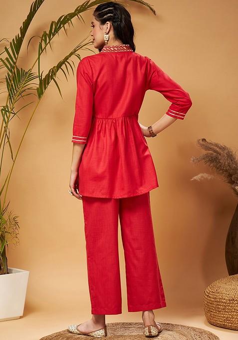 Red Red Embellished Gathered Tunic With Palazzos