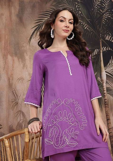 Purple Floral Embroidered Aline Kurta With Trousers Coord Set