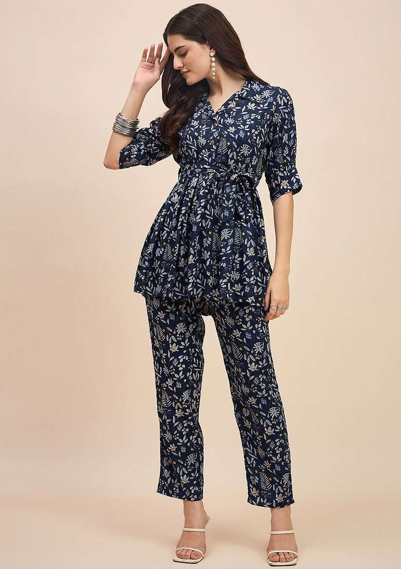 Blue Floral Printed Shirt Collar Pure Cotton Tunic With Trousers - Indya