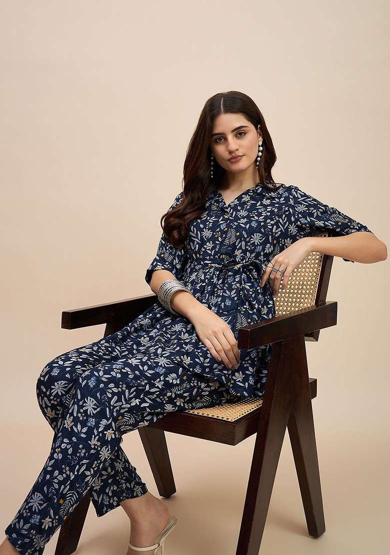 Blue Floral Printed Shirt Collar Pure Cotton Tunic With Trousers - Indya