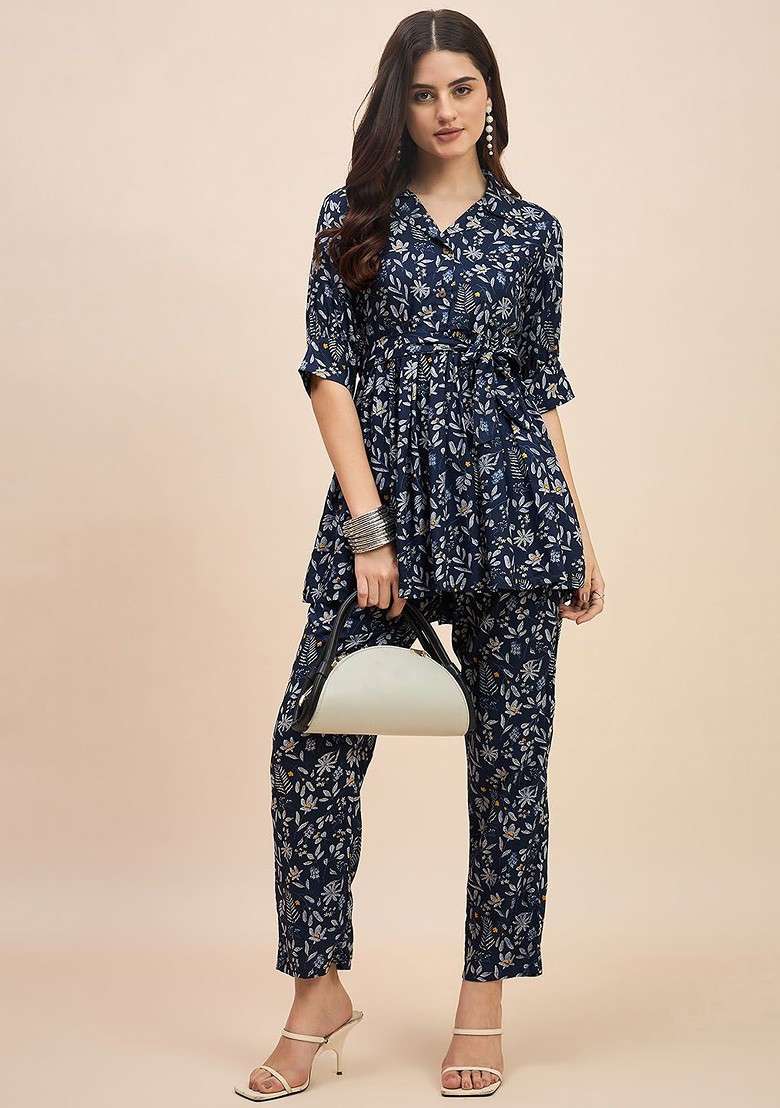 Blue Floral Printed Shirt Collar Pure Cotton Tunic With Trousers - Indya