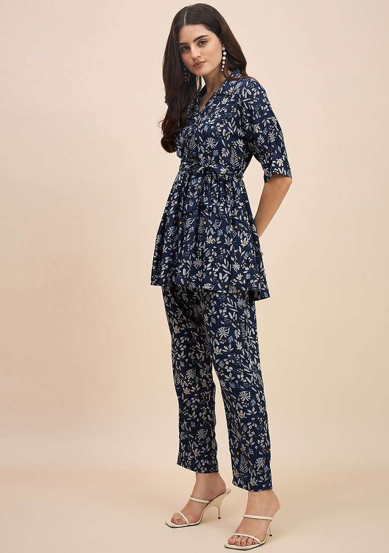 Blue Floral Printed Shirt Collar Pure Cotton Tunic With Trousers - Indya