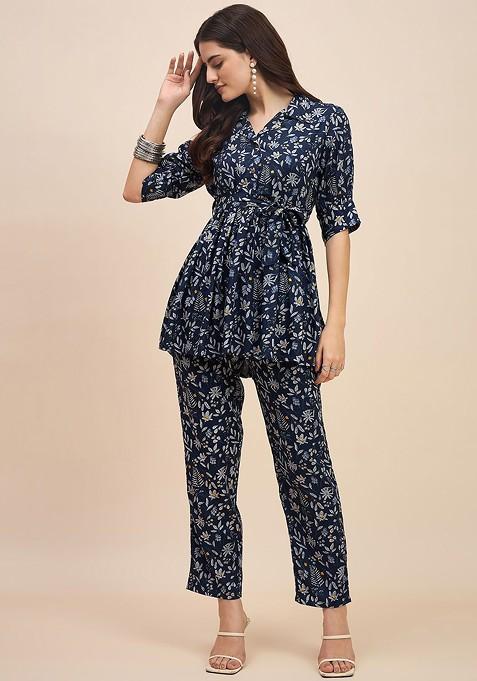 Blue Floral Printed Shirt Collar Pure Cotton Tunic With Trousers