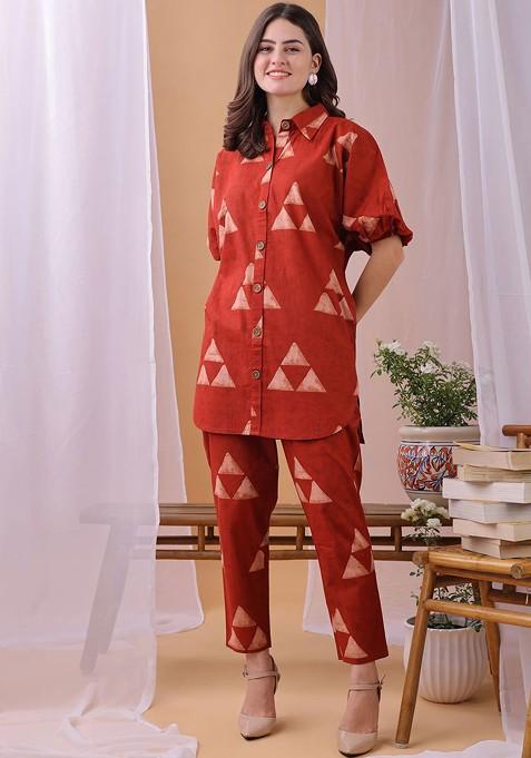 Red Gemoetric Printed Pure Cotton Top With Trousers Coords