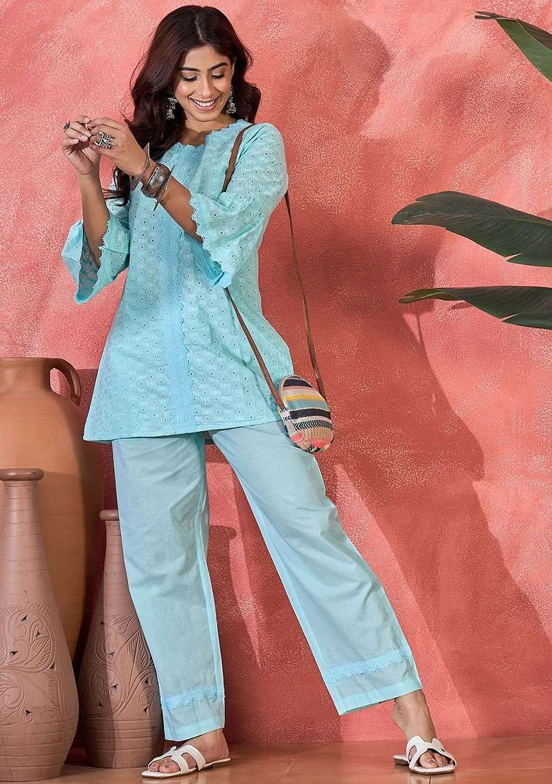 Blue Schiffli Embroidered Pure Cotton Top And Trousers Coord Set - Indya