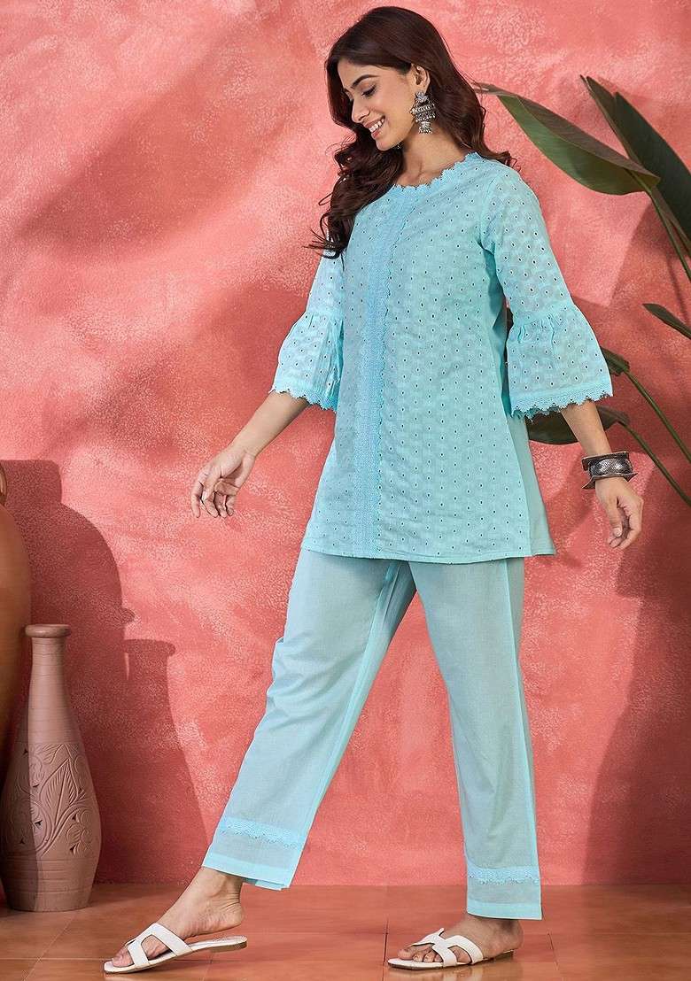 Blue Schiffli Embroidered Pure Cotton Top And Trousers Coord Set - Indya