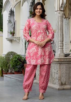Pink Pink And White Floral Printed Mandarin Collar Pure Cotton Top With Trouser