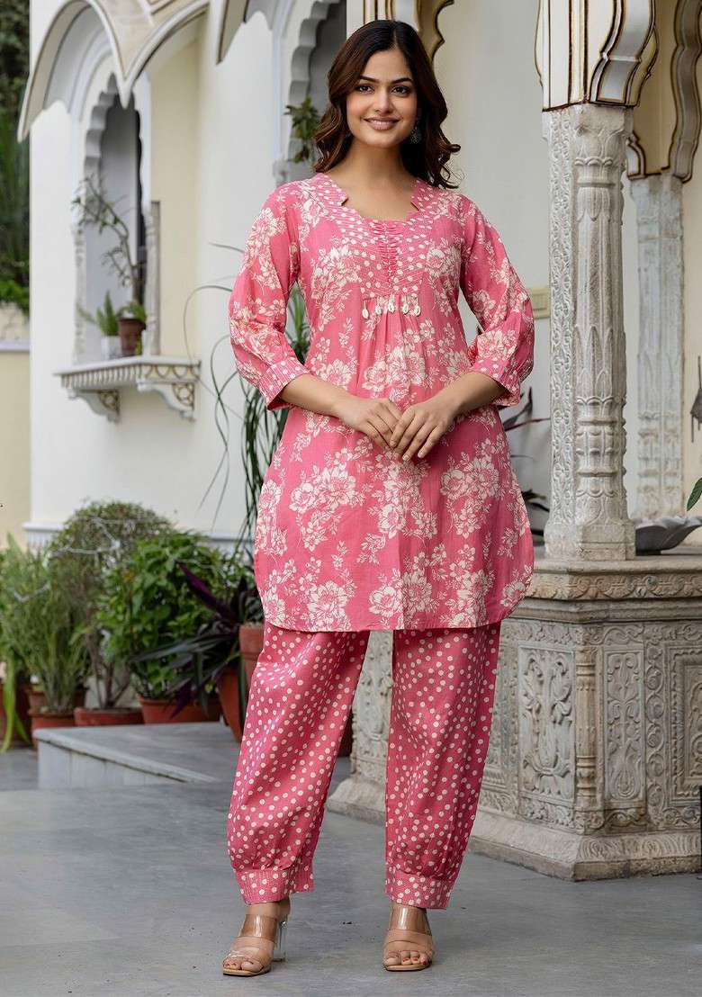 Pink Pink And White Floral Printed Mandarin Collar Pure Cotton Top With Trouser - Indya