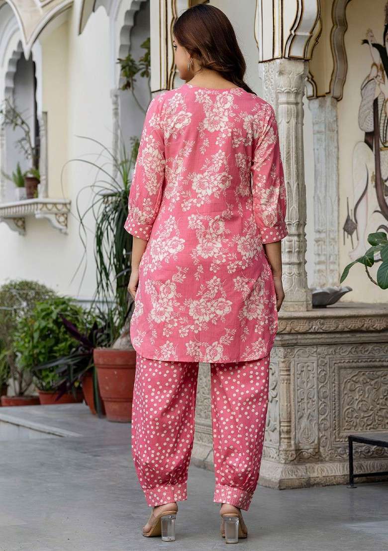 Pink Pink And White Floral Printed Mandarin Collar Pure Cotton Top With Trouser - Indya