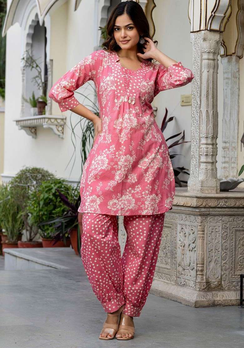 Pink Pink And White Floral Printed Mandarin Collar Pure Cotton Top With Trouser - Indya