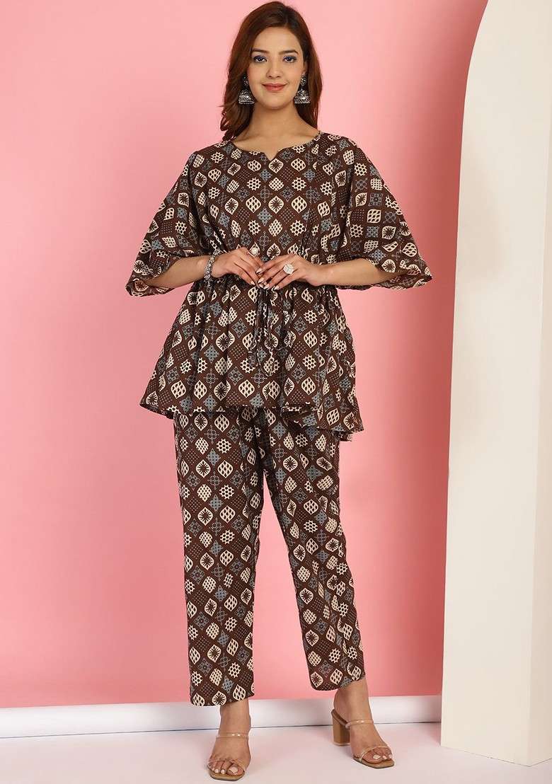Brown Floral Printed Vneck Pure Cotton Tunic With Trousers - Indya