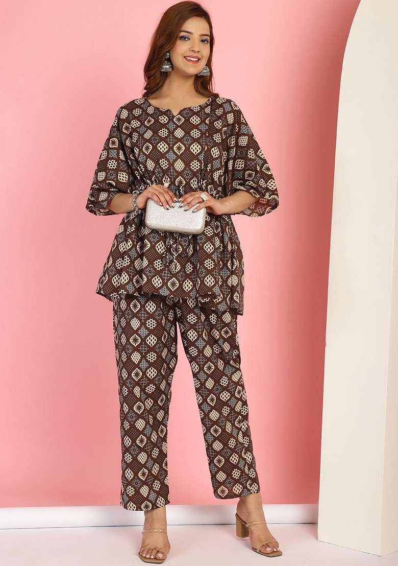 Brown Floral Printed Vneck Pure Cotton Tunic With Trousers - Indya