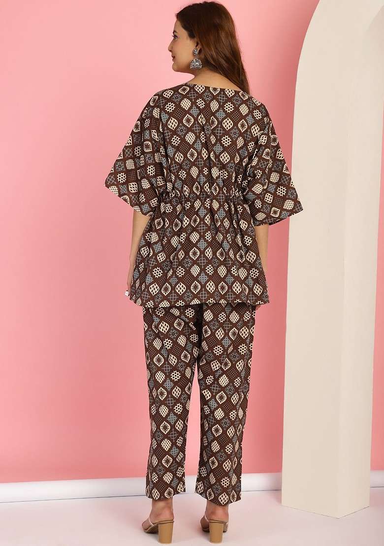 Brown Floral Printed Vneck Pure Cotton Tunic With Trousers - Indya