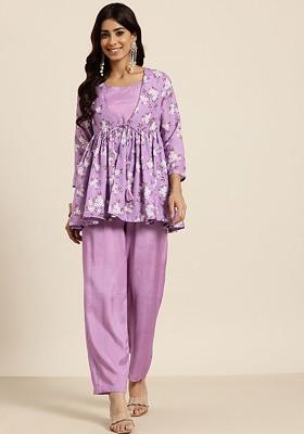 Purple Crop Top With Palazzos And Printed Jacket