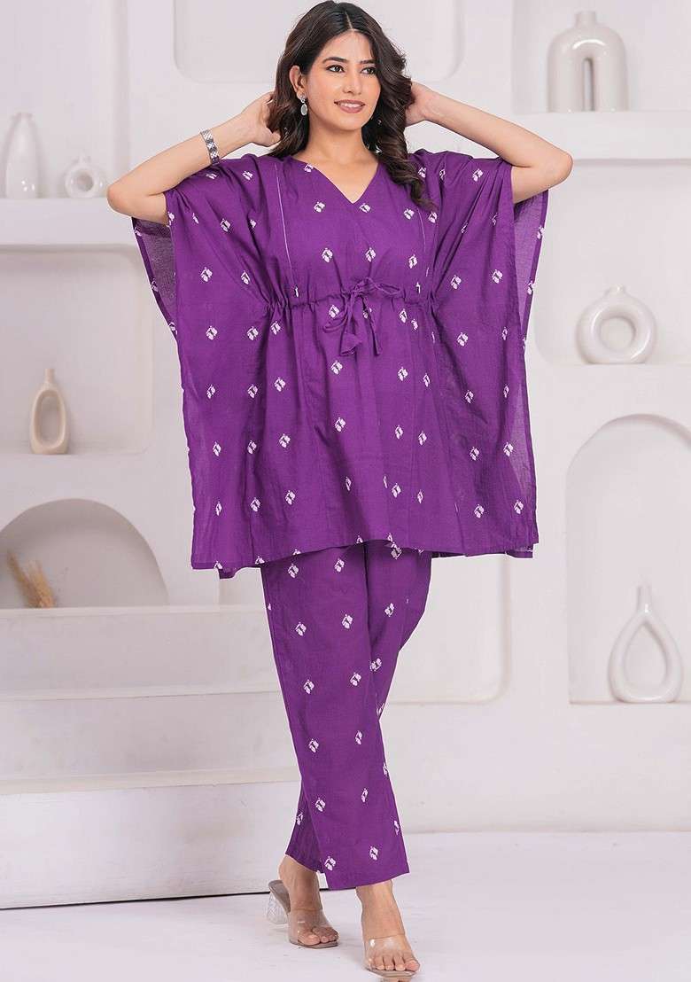 Purple Floral Printed Vneck Pure Cotton Aline Maternity Kaftan With Trouser - Indya