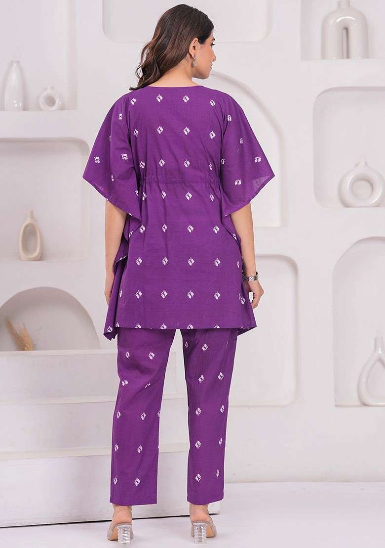 Purple Floral Printed Vneck Pure Cotton Aline Maternity Kaftan With Trouser - Indya