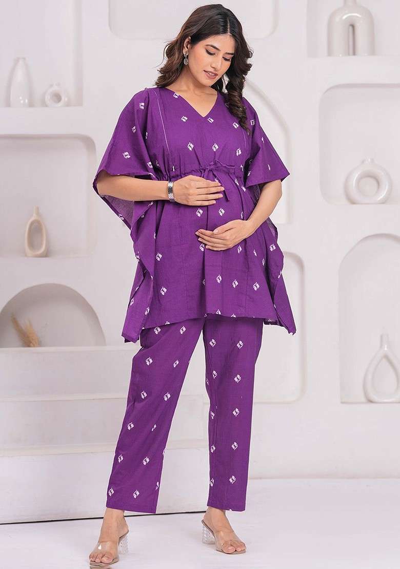Purple Floral Printed Vneck Pure Cotton Aline Maternity Kaftan With Trouser - Indya