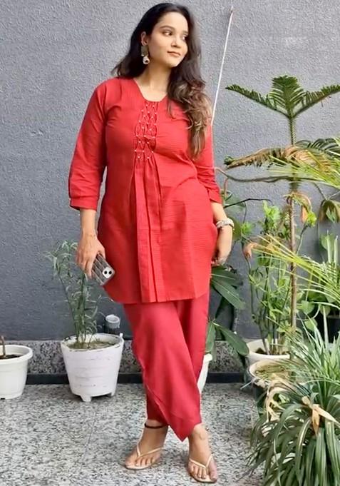 Red Embellished Vneck Pure Cotton Tunic And Palazzos