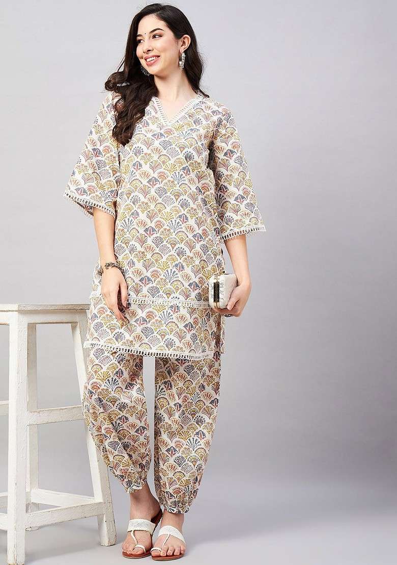 White Floral Printed Vneck Threequarter Sleeves Pure Cotton Top With Trouser - Indya
