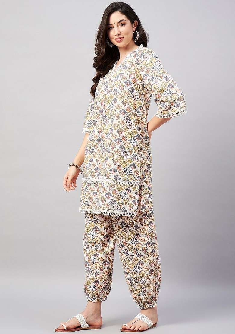 White Floral Printed Vneck Threequarter Sleeves Pure Cotton Top With Trouser - Indya